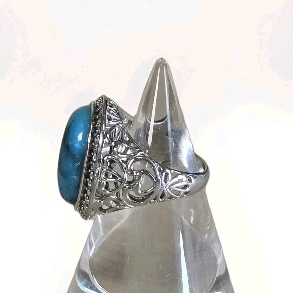 QVC Sterling Kingman Turquoise White Zircon Halo Silver Fillagree Ring Sz 8